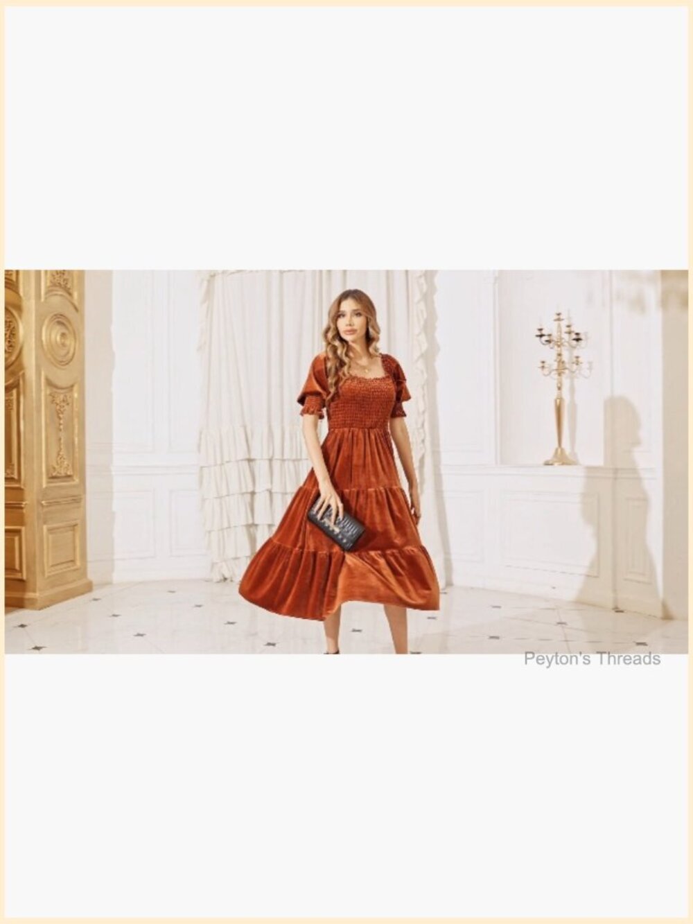 Women's Velvet Midi Dress Puff Sleeve Square Neck Smocked Tiered Ruffle A-Line - Picture 7 of 7